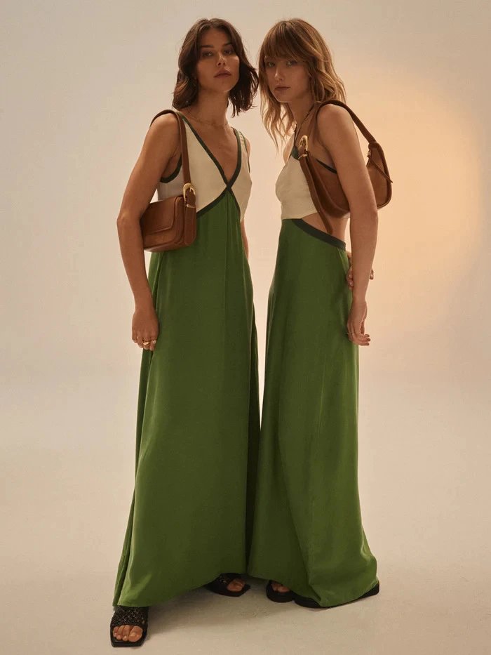 Design Color-Block V-Neck Maxi Dress Green - 16