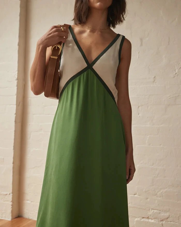 Design Color-Block V-Neck Maxi Dress Green - 18