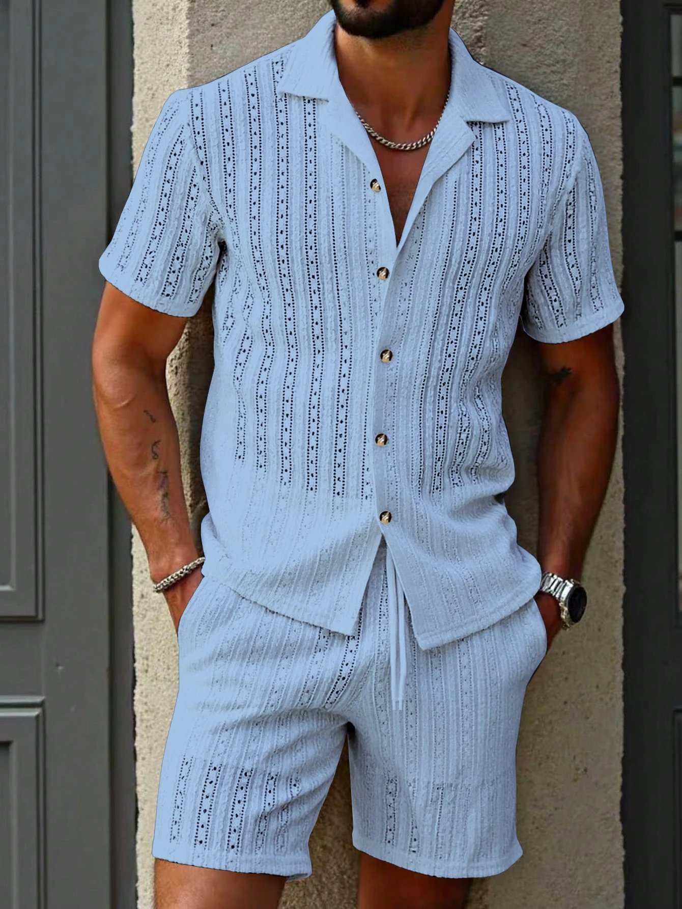 Design Knit Open-Front Short-Sleeve Shirt and Shorts Set Beige - 28