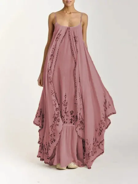 Design Floral Embroidered Asymmetrical Maxi Dress in Dusty Rose - 1