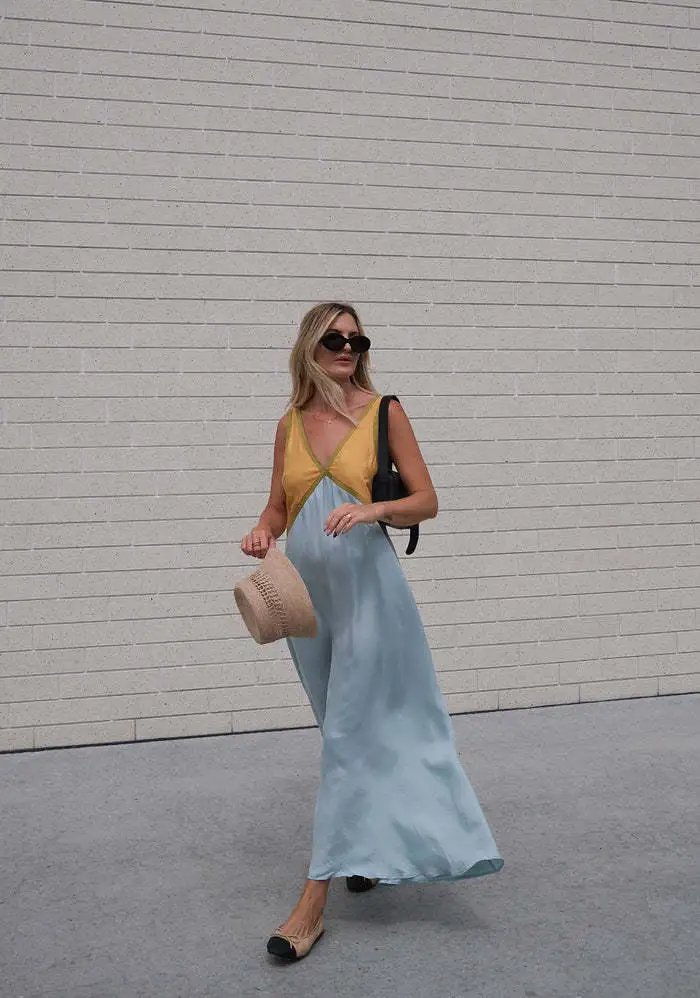 Design Color-Block V-Neck Maxi Dress Green - 24