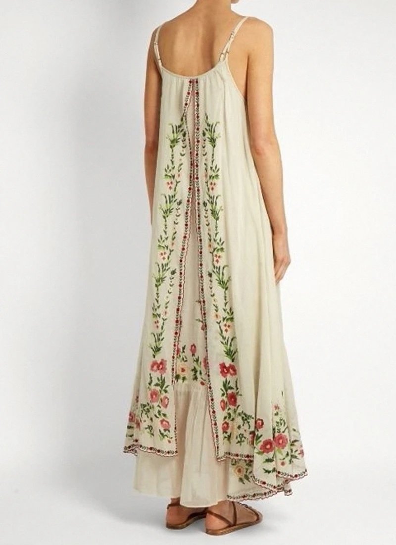 Design Floral Embroidered High-Low Maxi Dress Beige - 7