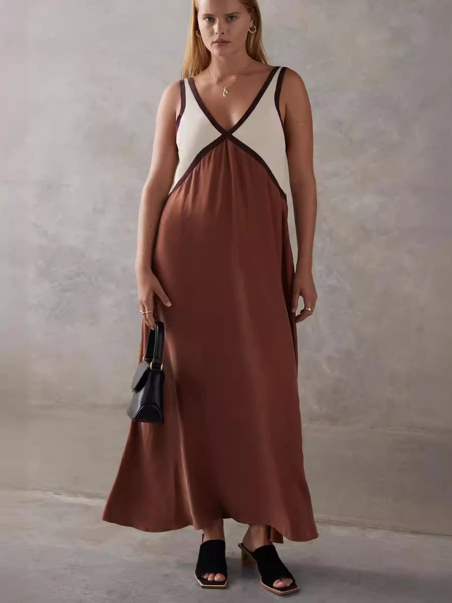 Design Color-Block V-Neck Maxi Dress Green - 35