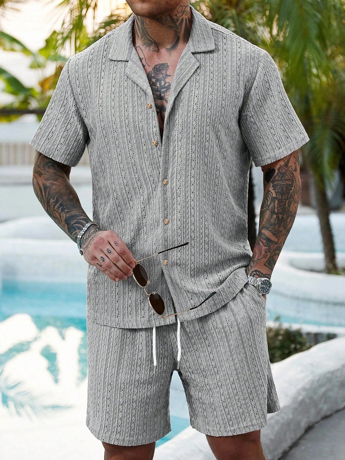 Design Knit Open-Front Short-Sleeve Shirt and Shorts Set Beige - 41