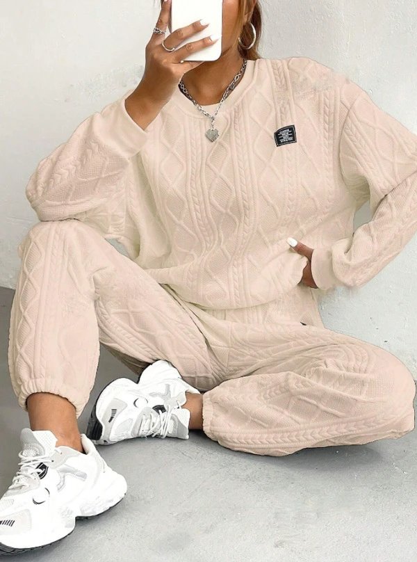 Design Cable Knit Sweater Set Beige Casual Set - 3