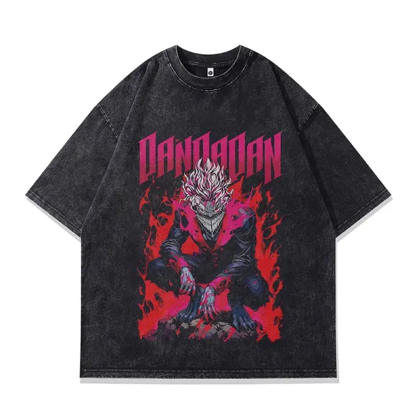Design Dandadan Graphic Print Acid Wash Black T-Shirt T-Shirts - 1