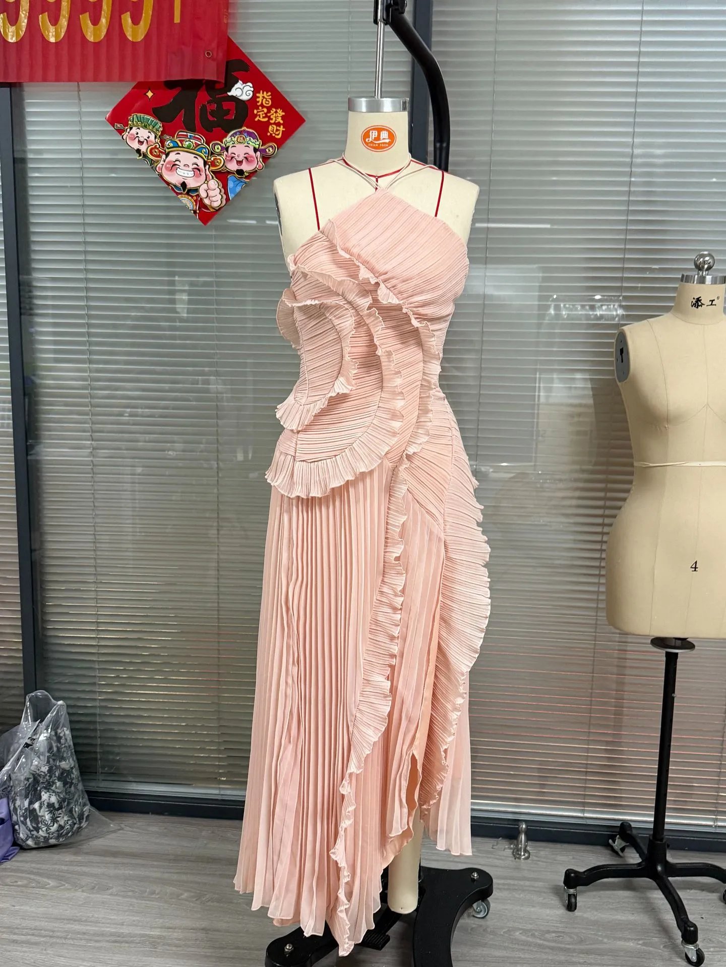 Design Pleated Asymmetrical Halter Dress Pink - 10