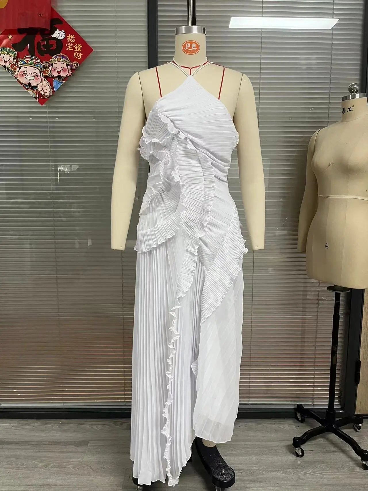 Design Pleated Asymmetrical Halter Dress Pink - 13