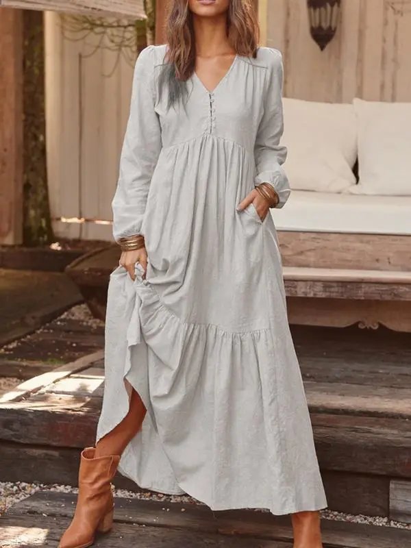 Design Long Sleeve V-Neck Tiered Maxi Dress Black - 3