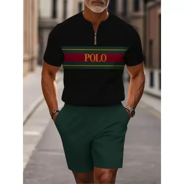 Polo Ralph Lauren Stripe Zip-Neck T-Shirt Black with Green and Red Band - 1