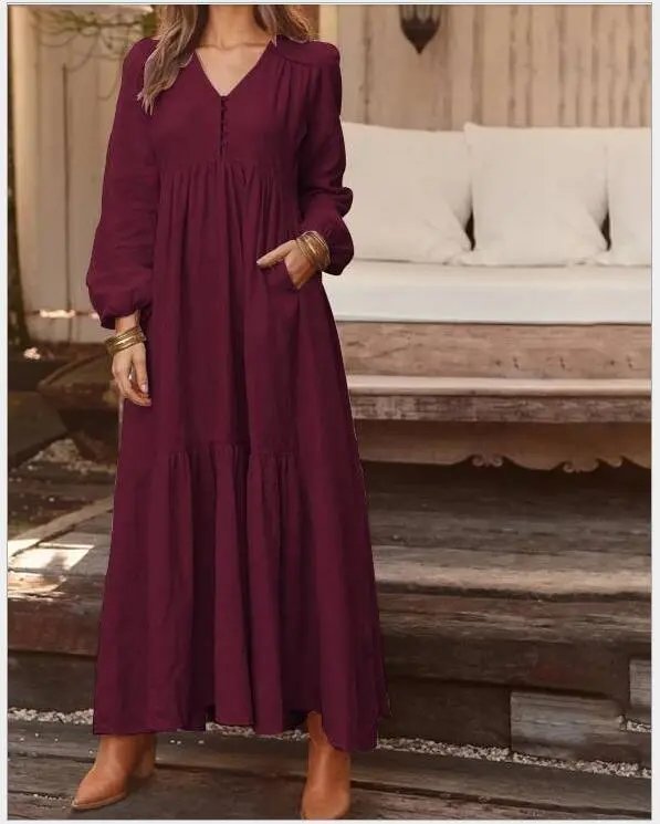 Design Long Sleeve V-Neck Tiered Maxi Dress Black - 8