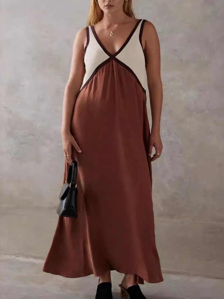 Design Color-Block V-Neck Maxi Dress Green - 2
