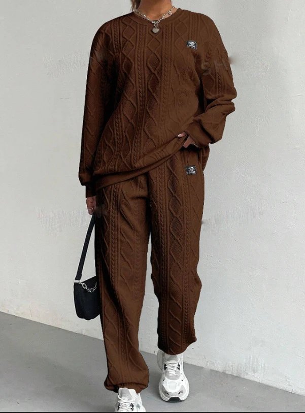 Design Cable Knit Sweater Set Beige Casual Set - 13