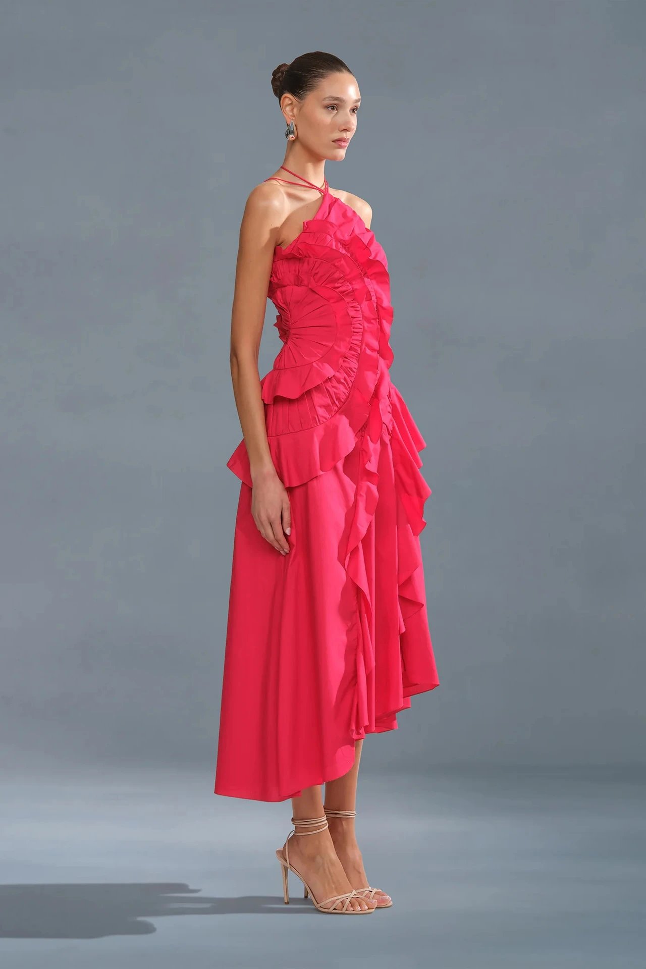 Design Pleated Asymmetrical Halter Dress Pink - 29