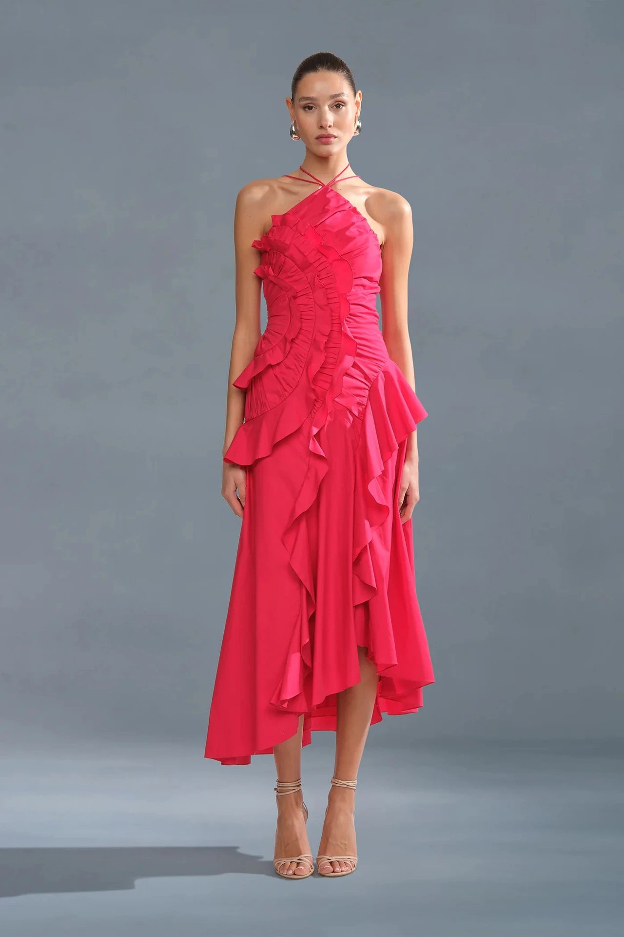 Design Pleated Asymmetrical Halter Dress Pink - 30