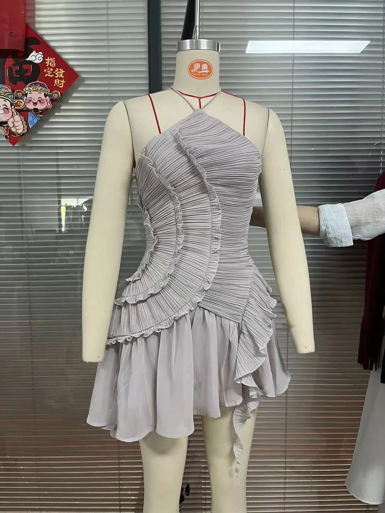 Design Pleated Asymmetrical Halter Dress Pink - 38