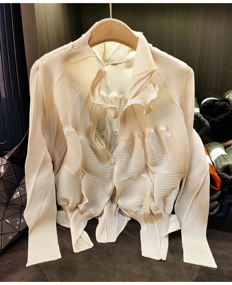 Issey Miyake Pleated Blouse Beige Shirt - 8