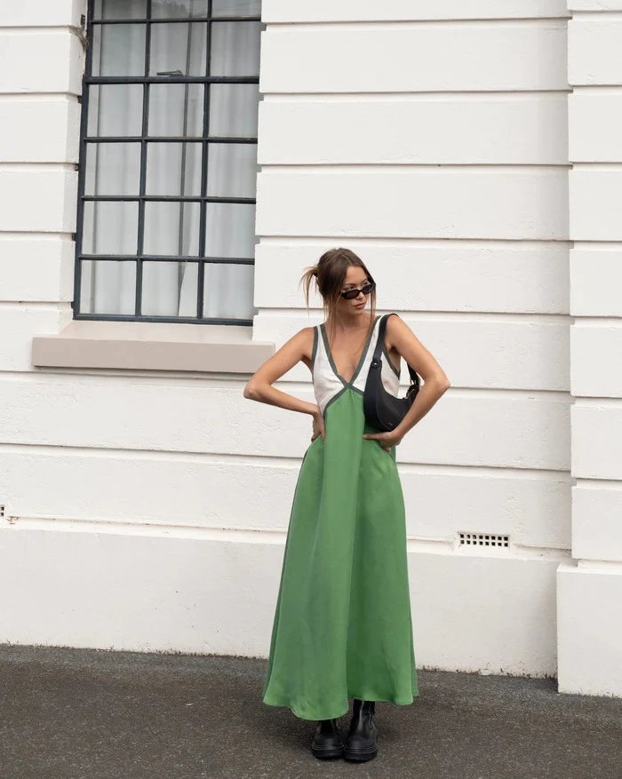 Design Color-Block V-Neck Maxi Dress Green - 13