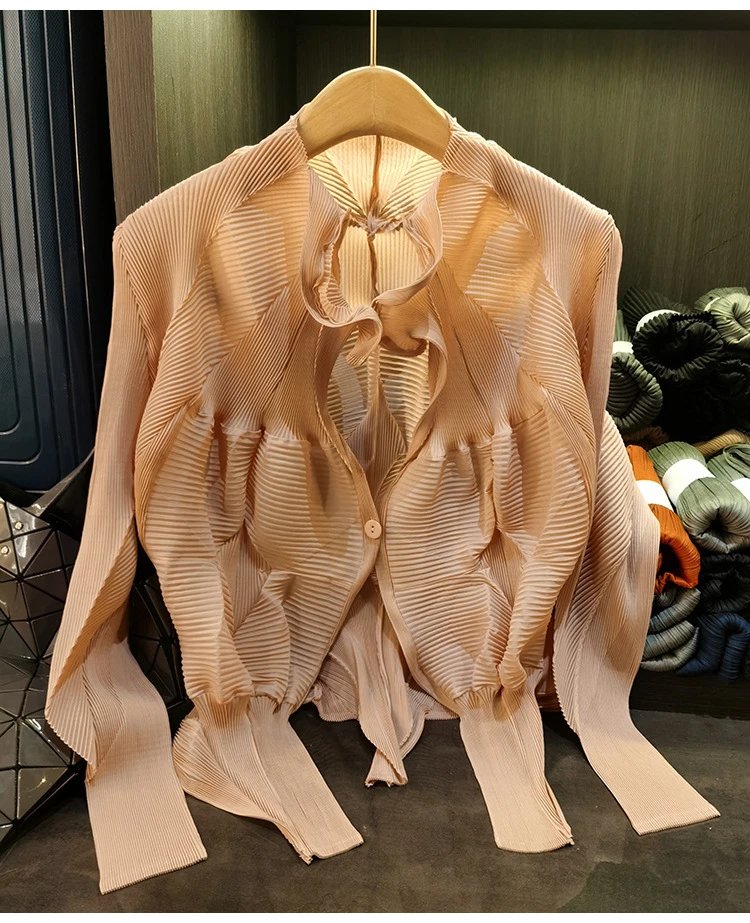 Issey Miyake Pleated Blouse Beige Shirt - 16