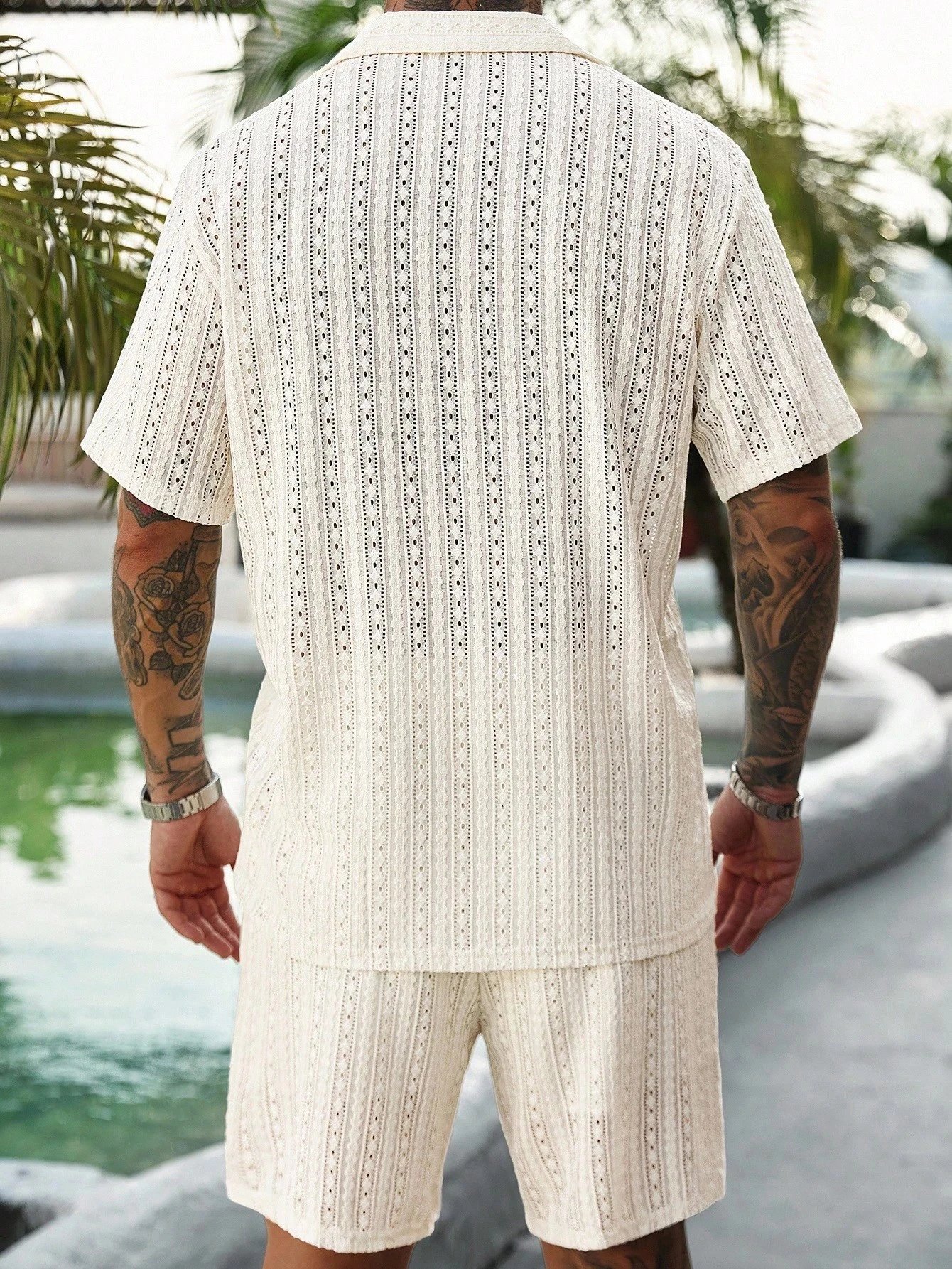 Design Knit Open-Front Short-Sleeve Shirt and Shorts Set Beige - 5