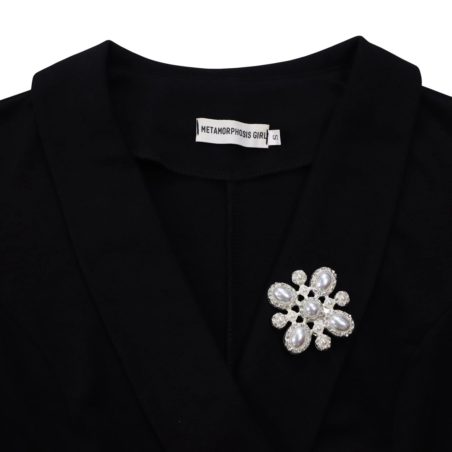Design Wrap Front Midi Dress with Pearl Brooch in Navy - 63