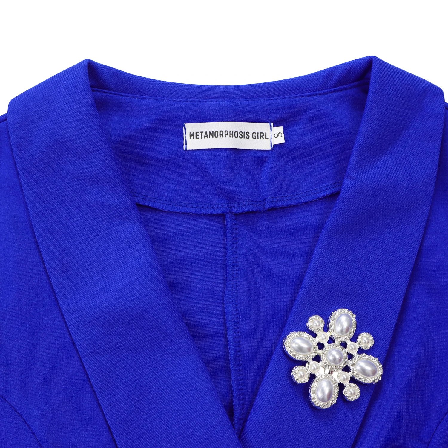 Design Wrap Front Midi Dress with Pearl Brooch in Navy - 71