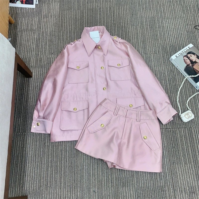 Design Pink Satin Utility Jacket with Drawstring Waist Outerwear.jacket - 11