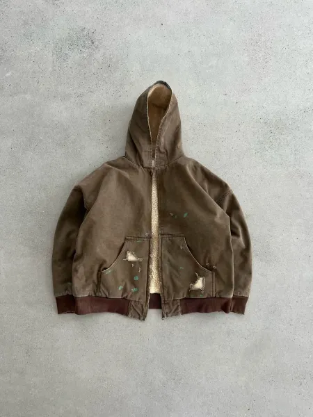 Carhartt Work In Progress Hooded Jacket Brown Distressed Sherpa-Lined Outerwear - 1