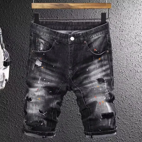Design Distressed Paint-Splatter Black Denim Shorts - 1