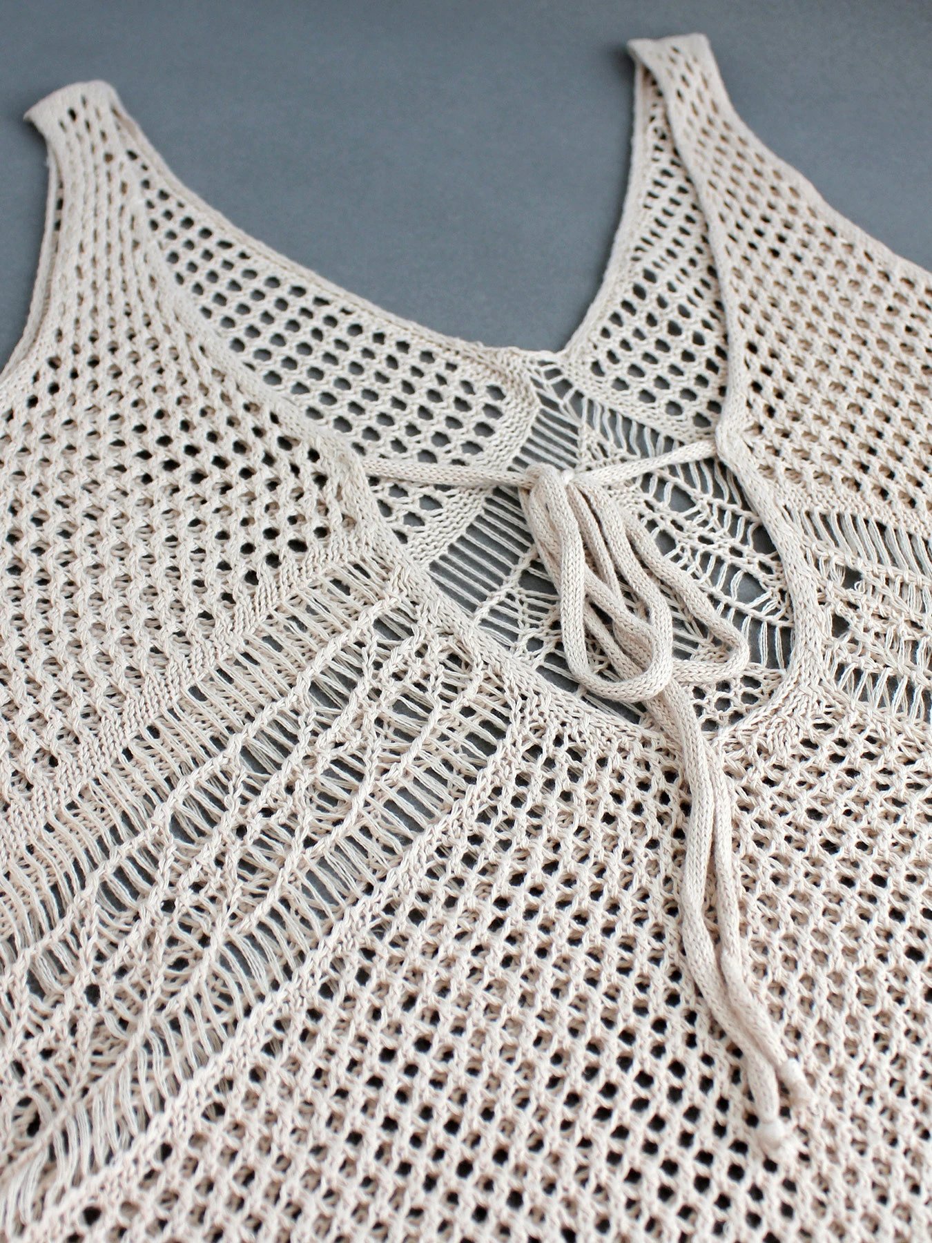 Design Knit Mesh V-Neck High-Slit Dress White - 11