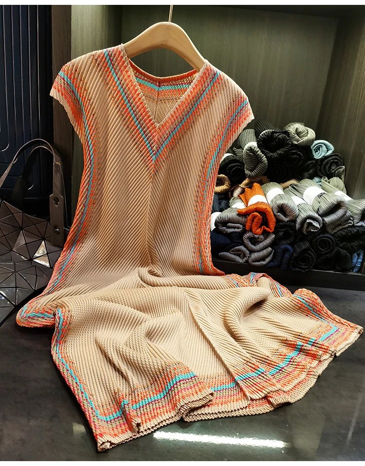 Design Pleated Knit Vest Top Beige Multicolor - 7