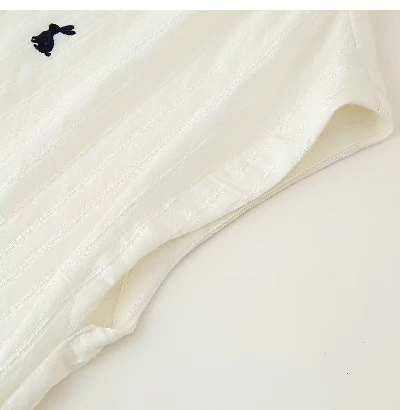Design Sleeveless Collared Shirt in Cream with Rabbit Embroidery Tops Shirt - 12