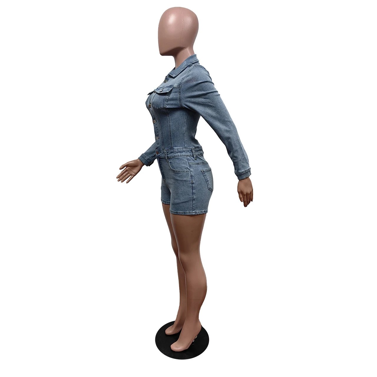 Design Denim Romper with Deep V-Neck and Belted Waist in Light Wash Blue Sets - 14