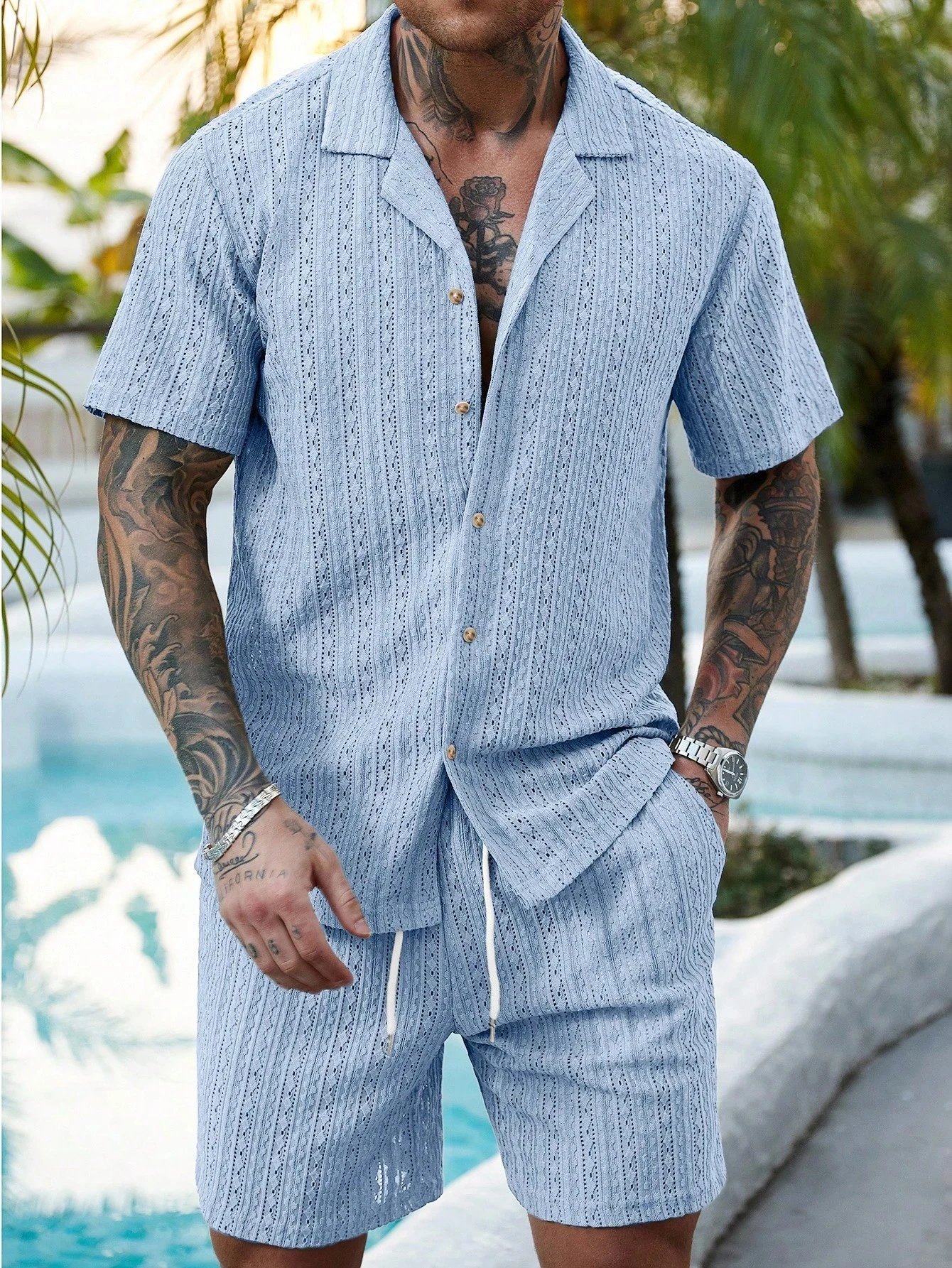 Design Knit Open-Front Short-Sleeve Shirt and Shorts Set Beige - 32