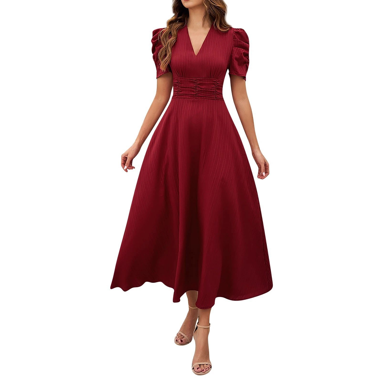 Design A-Line V-Neck Puff Sleeve Midi Dress in Light Blue - 3