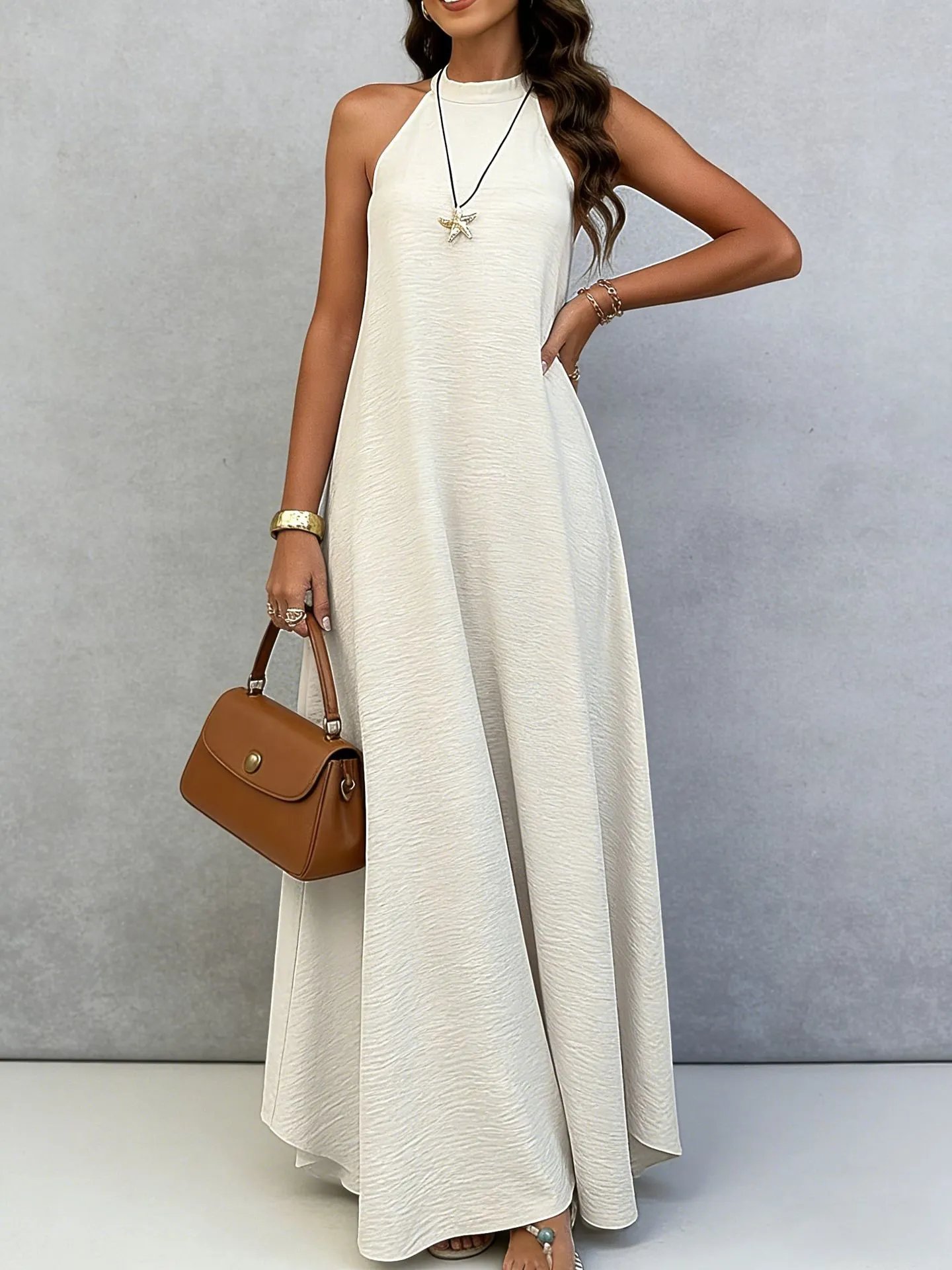 Design Halter Neck Crinkle Maxi Dress Beige - 9