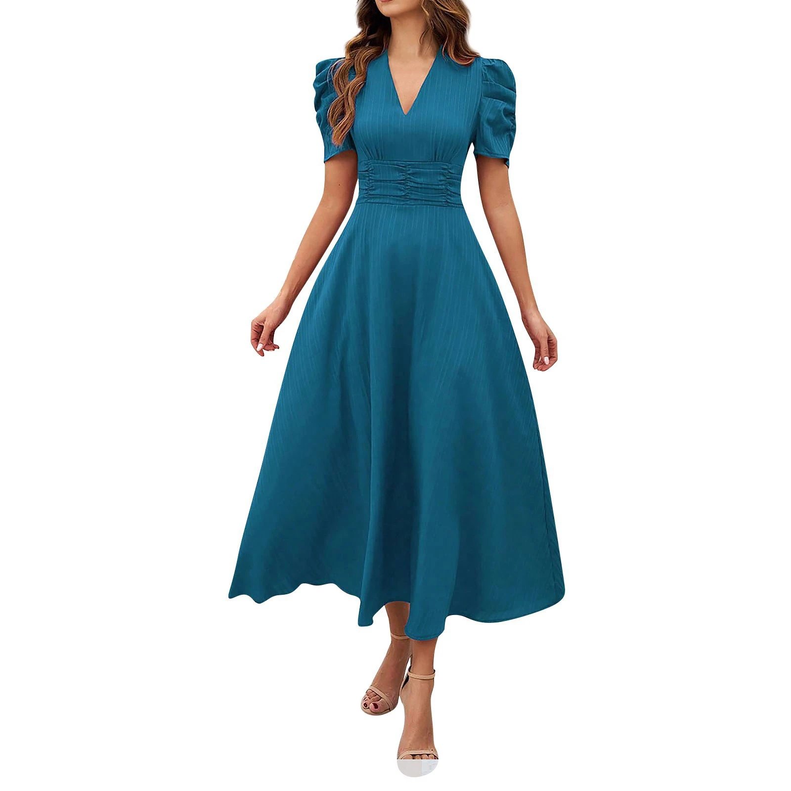 Design A-Line V-Neck Puff Sleeve Midi Dress in Light Blue - 8