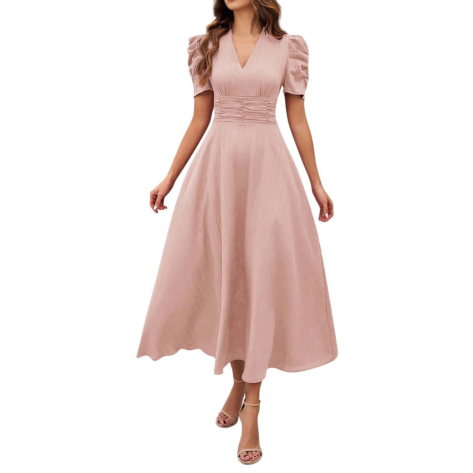 Design A-Line V-Neck Puff Sleeve Midi Dress in Light Blue - 13
