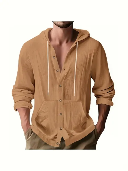 Design Button-Up Hooded Cardigan Beige Shirt - 17