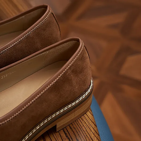 Design Suede Loafers Brown with Contrast Stitching Casual Shoes - 11
