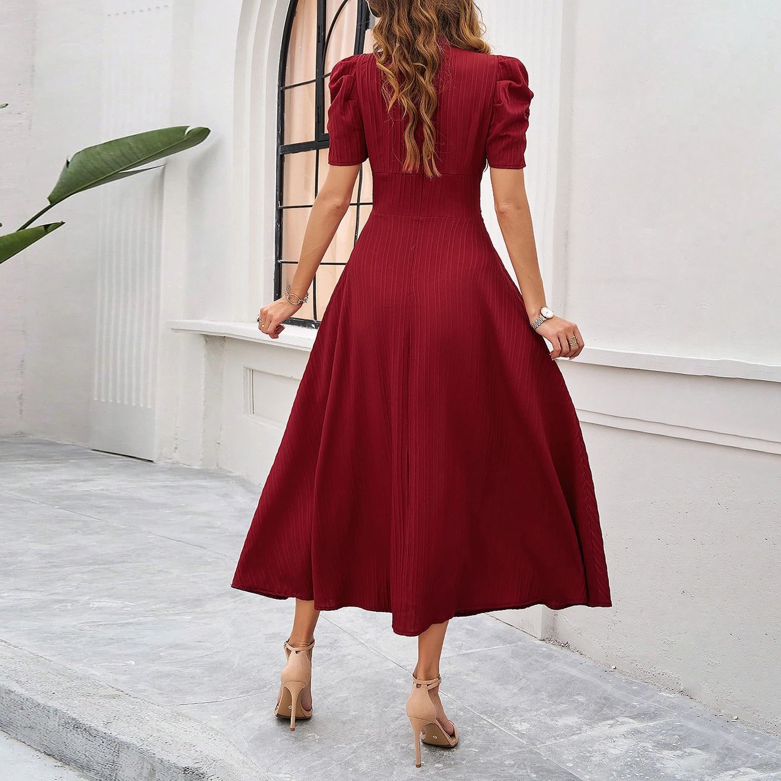 Design A-Line V-Neck Puff Sleeve Midi Dress in Light Blue - 21