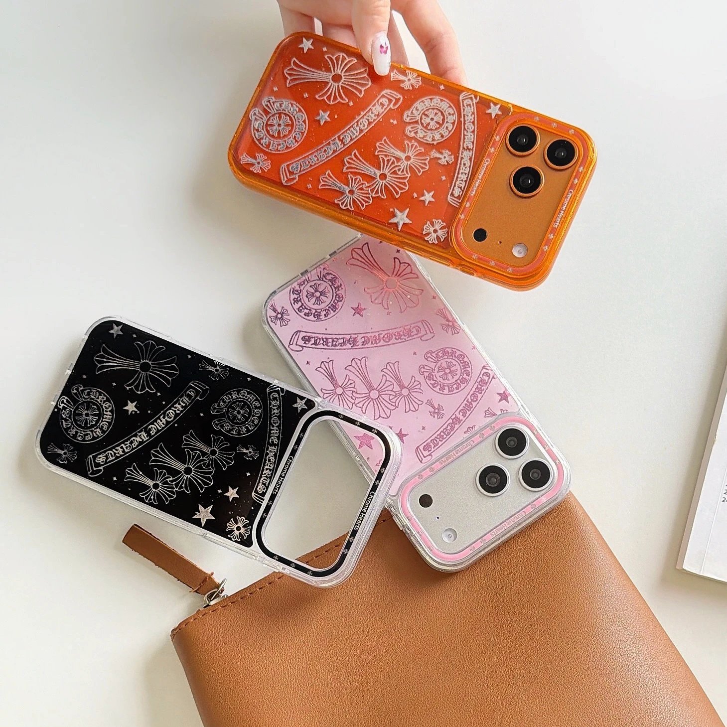 Chrome Hearts Orange Glitter Cross Motif Phone Case - 9