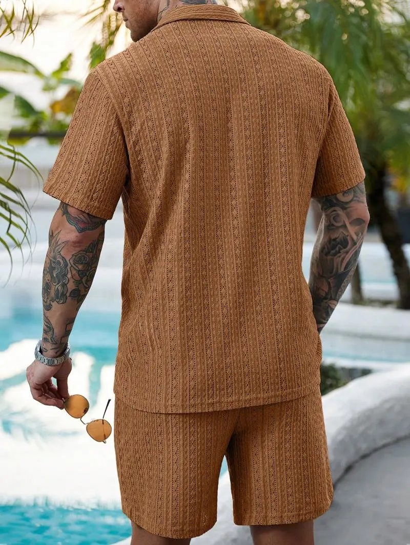 Design Knit Open-Front Short-Sleeve Shirt and Shorts Set Beige - 46