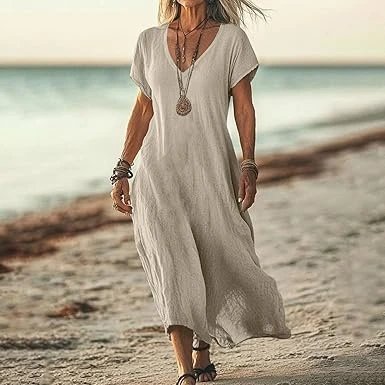 Design V-Neck Linen Maxi Dress Navy - 8