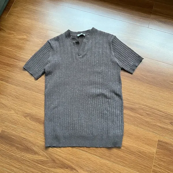 Design Ribbed Knit Henley T-Shirt Gray - 1