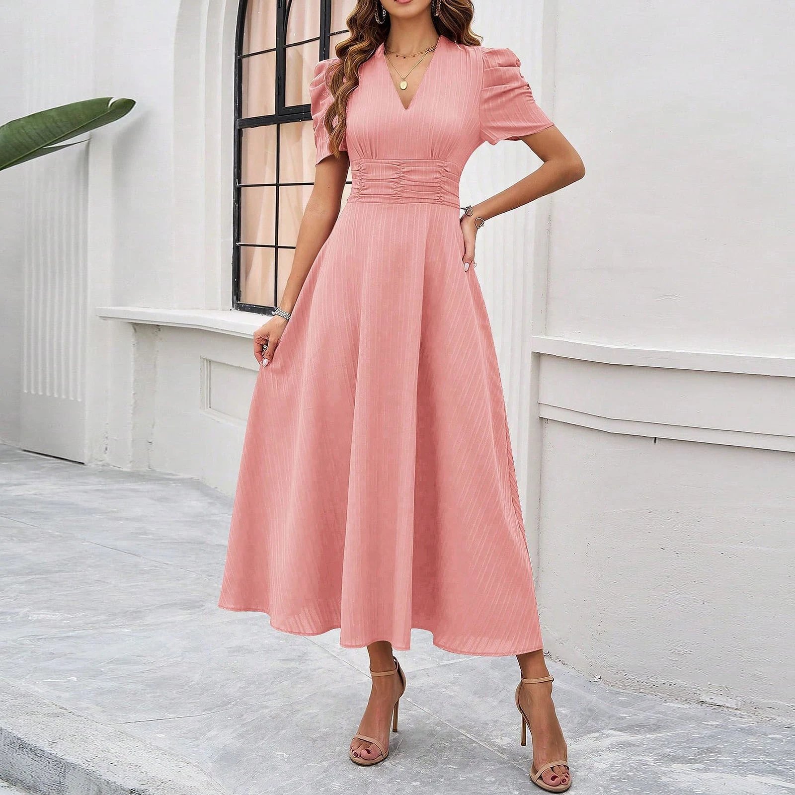 Design A-Line V-Neck Puff Sleeve Midi Dress in Light Blue - 38
