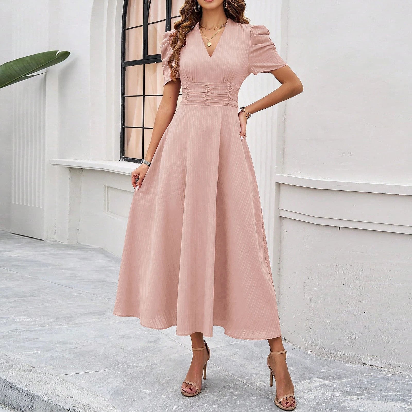 Design A-Line V-Neck Puff Sleeve Midi Dress in Light Blue - 40
