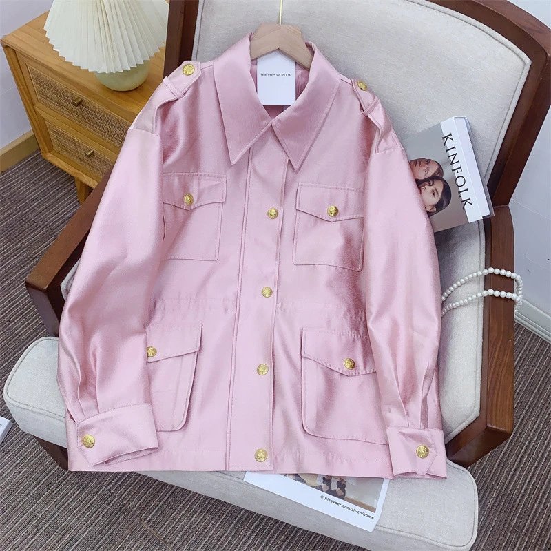 Design Pink Satin Utility Jacket with Drawstring Waist Outerwear.jacket - 13