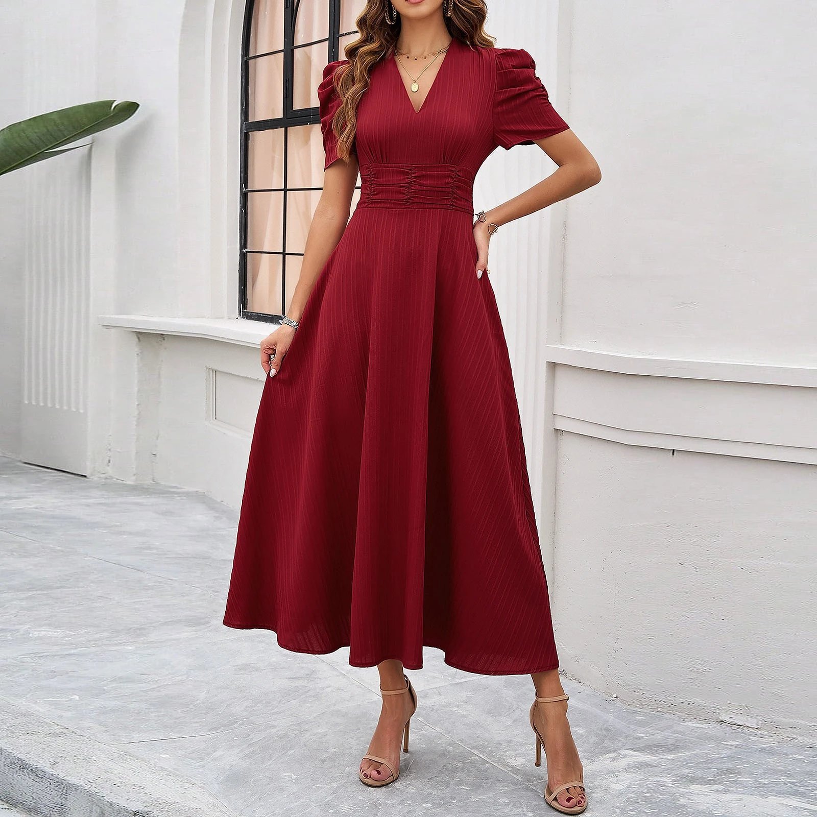 Design A-Line V-Neck Puff Sleeve Midi Dress in Light Blue - 42