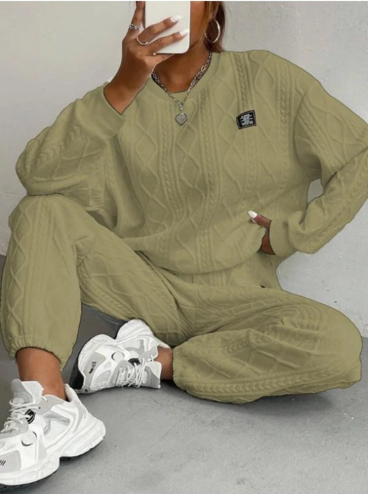 Design Cable Knit Sweater Set Beige Casual Set - 25